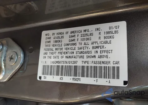2007 Honda Accord 2.4 Ex from USA, damaged, VIN 1HGCM56737A101297